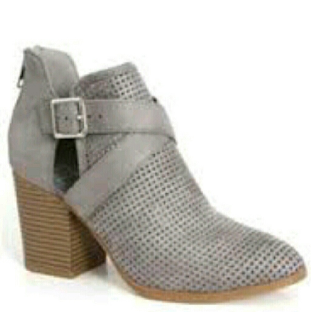 Gray Perforated Block Heel Ankle Bootie